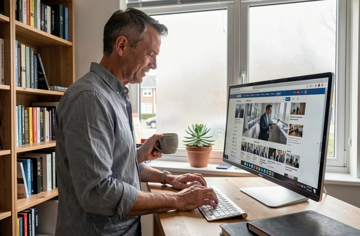 Entrepreneur en télétravail consultant un site d'actualité PME sur son écran depuis son bureau à domicile