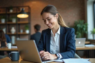 Entrepreneuse consultant un guide business gratuit sur son ordinateur portable dans un espace de co-working moderne