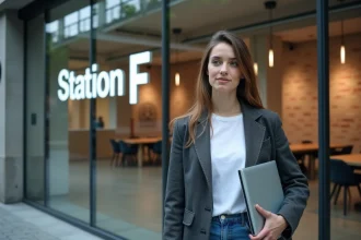 Jeune entrepreneuse devant l'entrée de Station F à Paris, tenant un ordinateur portable, dans une ambiance startup moderne