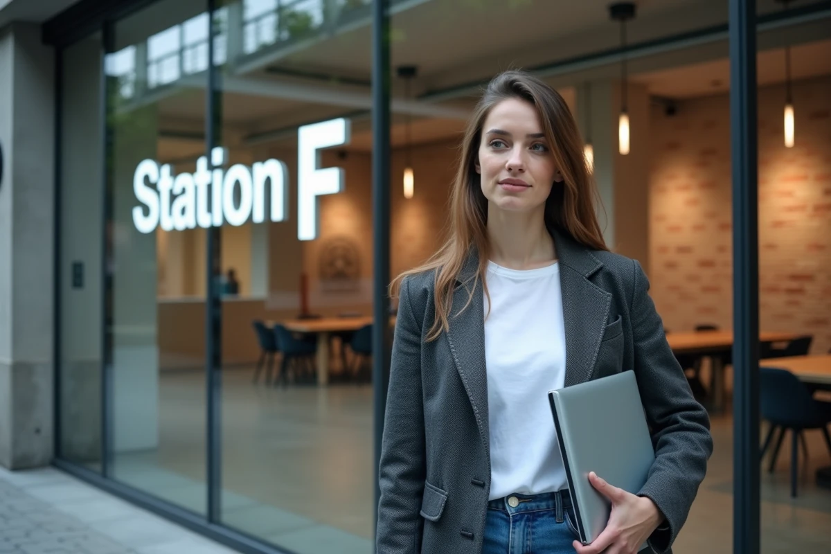 Jeune entrepreneuse devant l'entrée de Station F à Paris, tenant un ordinateur portable, dans une ambiance startup moderne