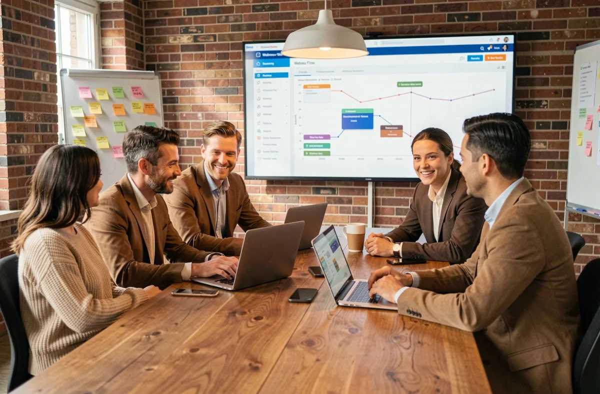 Équipe professionnelle collaborant autour d'un logiciel de gestion de projets digitaux en salle de réunion