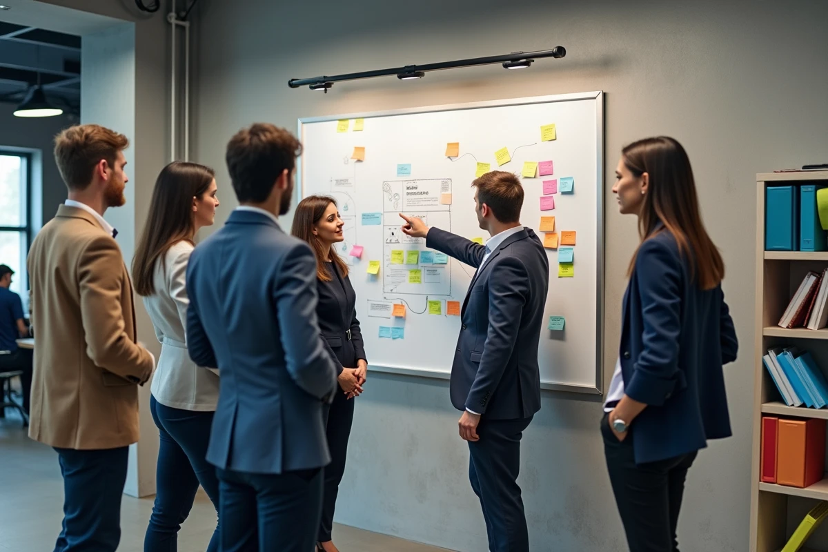 Groupe de collègues en discussion devant un tableau blanc