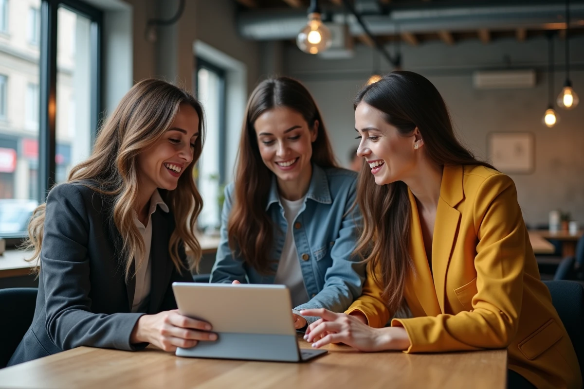 Équipe collaborative autour d'une tablette consultant une page entreprise professionnelle et rassurante dans un espace de co-working