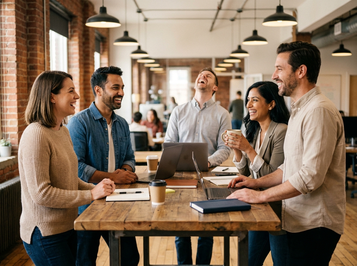 Une équipe de quatre collègues partage un moment convivial et détendu autour d'un bureau, évoquant un départ professionnel positif et une cohésion d'équipe préservée