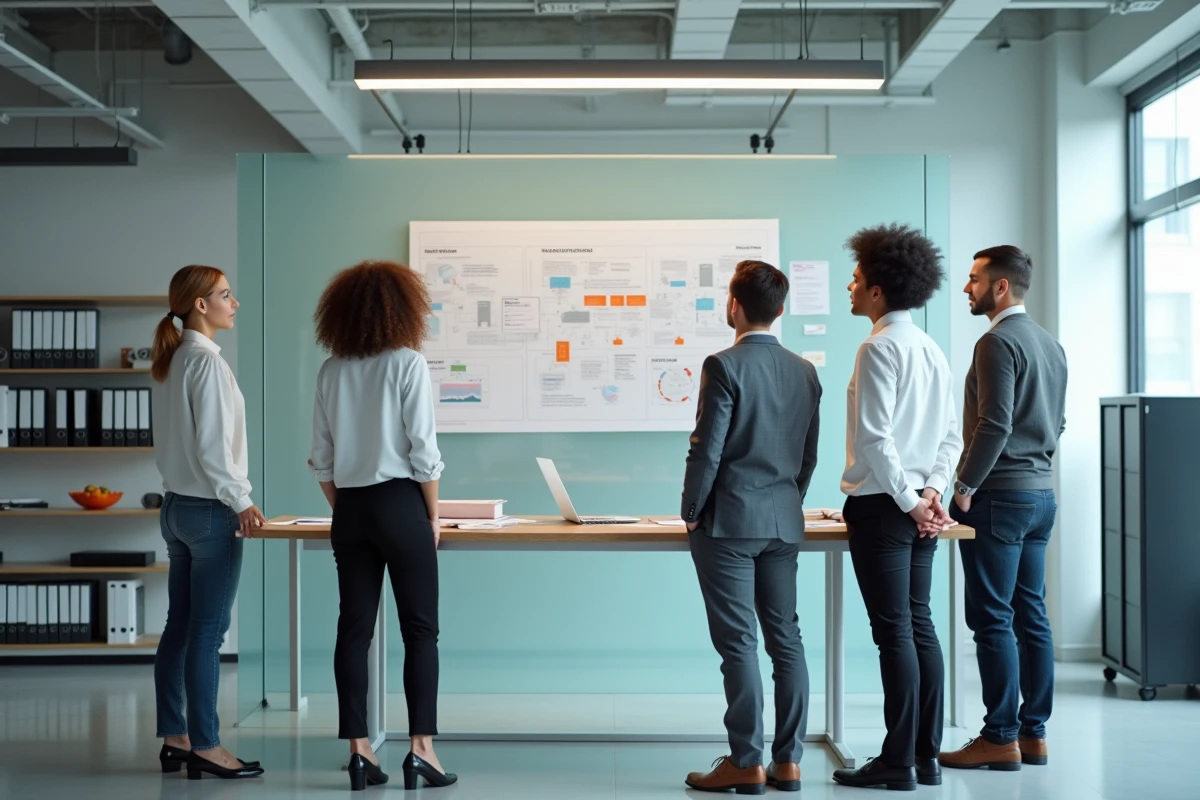 Équipe dirigeante multiculturelle étudiant une feuille de route de transformation digitale dans un laboratoire d'innovation d'entreprise
