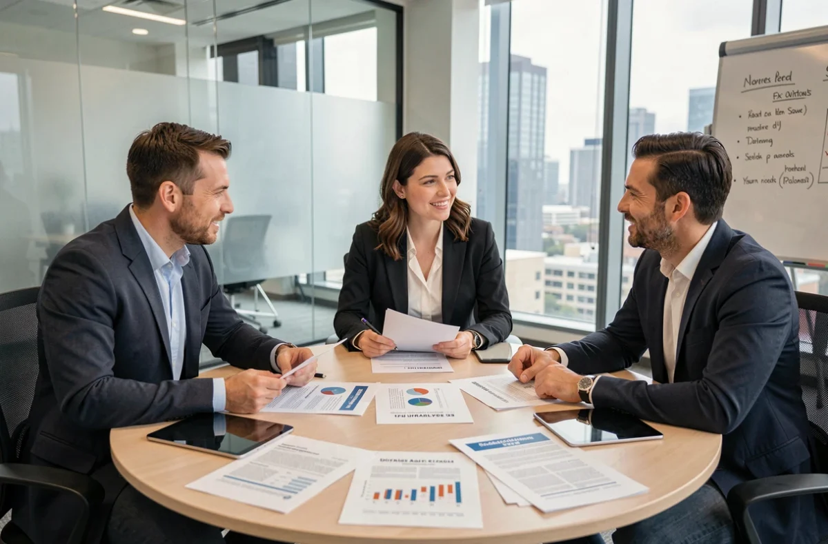 Équipe de dirigeants PME réunis en salle de réunion pour analyser des stratégies de productivité issues d'un site d'actualité professionnelle