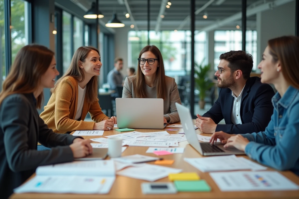 Équipe de professionnels planifiant ensemble des dates d'événements d'entreprise gratuits dans une salle de réunion moderne