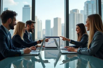 Groupe de professionnels discutant de graphiques et analyses sociales