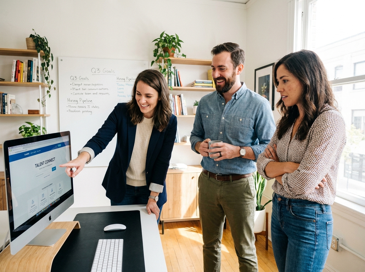 Groupe de trois professionnels réunis autour d'un écran consultant un site dédié aux talents dans un bureau de startup collaboratif