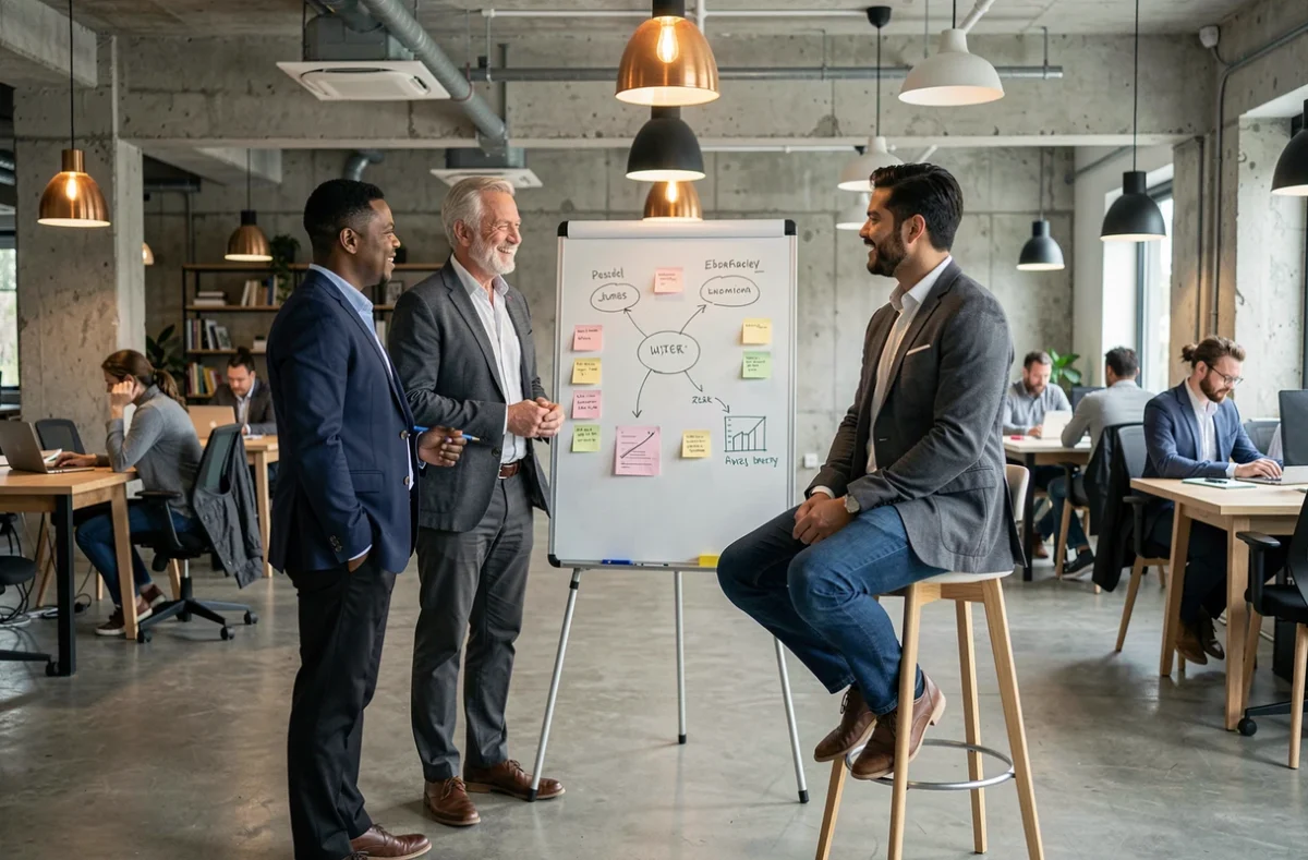 Équipe de professionnels B2B collaborant sur une stratégie de vente autour d'un tableau blanc en espace de coworking