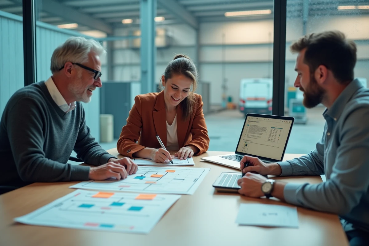 Équipe de professionnels analysant un projet de relocalisation industrielle autour d'une table de réunion avec cartes et outils numériques