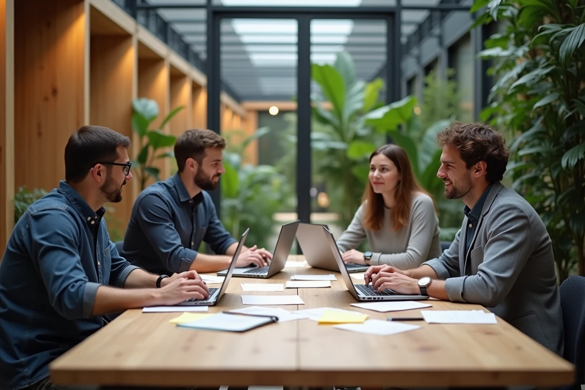 Équipe de fondateurs de startup en session de brainstorming à Station F, entourés de notes et d'ordinateurs portables