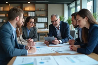 Groupe d'ingénieurs en réunion avec documents et tablette