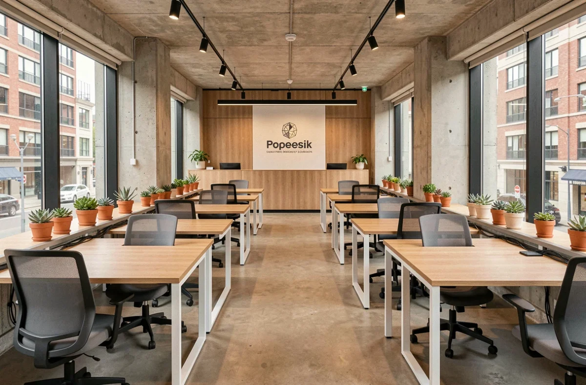 Vue d'ensemble d'un espace de coworking vide et moderne à Mulhouse avec bureaux et plantes
