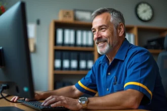 Facteur en uniforme vérifiant ses heures de travail sur un ordinateur