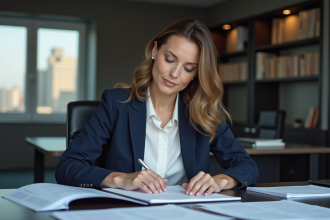 Femme d affaires en bureau avec documents et étagères