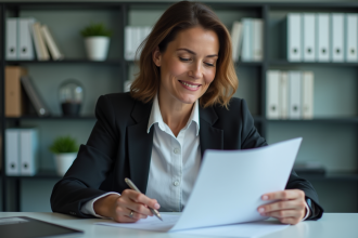 Femme d'affaires examinant des documents dans un bureau moderne