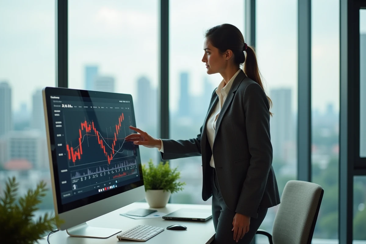 Femme d'affaires analysant des graphiques de croissance financière dans un bureau moderne avec vue sur la ville