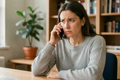 Femme appelant le service client DHL depuis son bureau à domicile avec un smartphone
