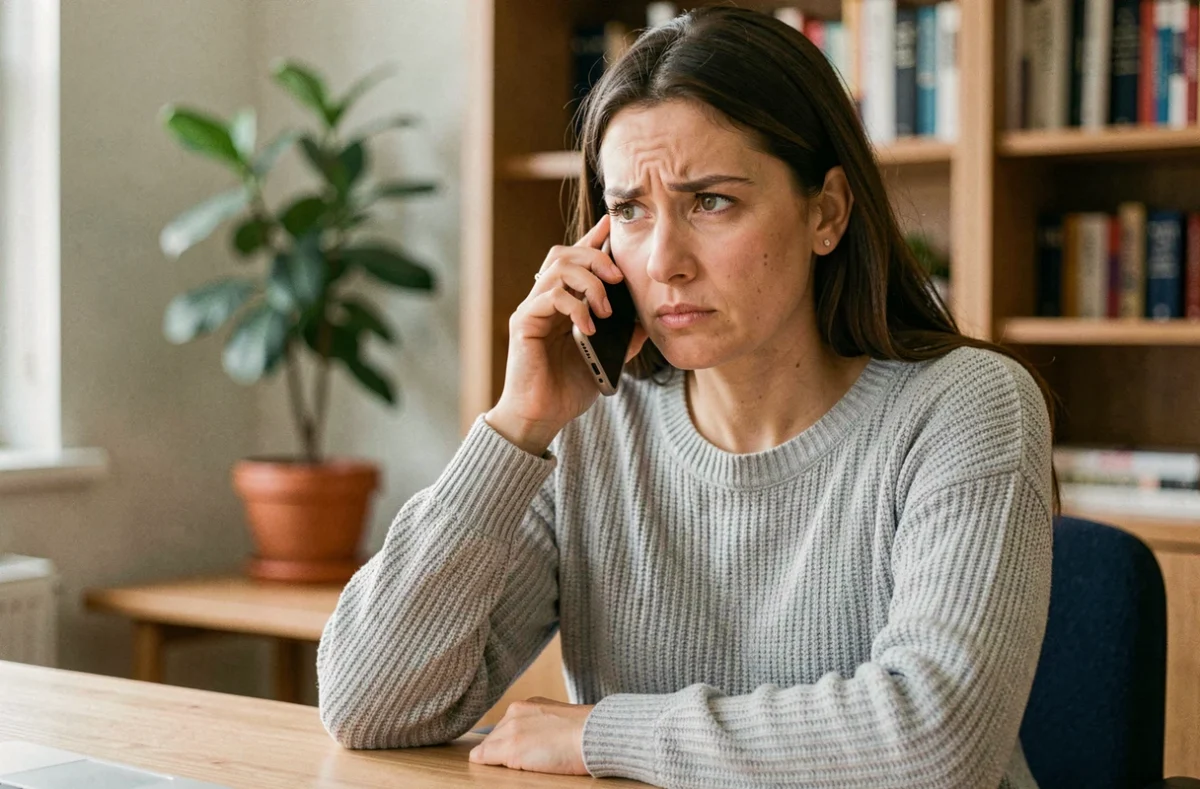 Femme appelant le service client DHL depuis son bureau à domicile avec un smartphone