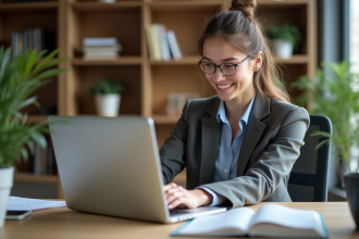 Jeune femme en bureau analysant des données digitales