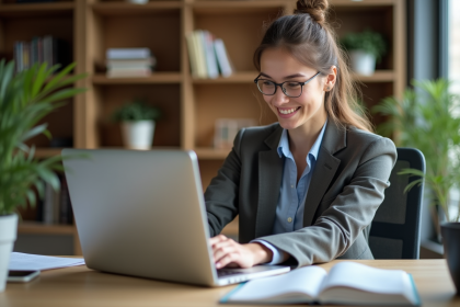 Jeune femme en bureau analysant des données digitales