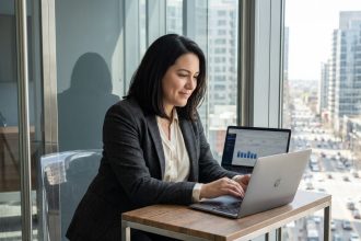 Femme d affaires au bureau analysant des données