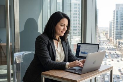 Femme d affaires au bureau analysant des données