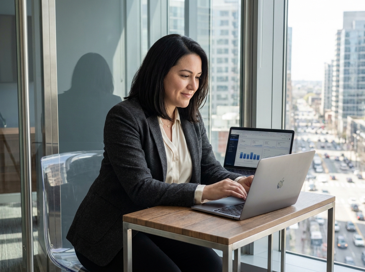 Femme d affaires au bureau analysant des données