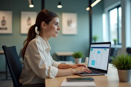 Femme en bureau auto&eacute;cole utilisant un ordinateur portable