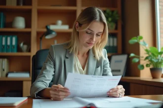 Femme professionnelle en bureau consultant un calendrier annuel pour calculer ses jours travaillés et son taux horaire réel