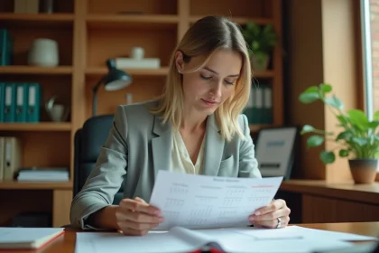 Femme professionnelle en bureau consultant un calendrier annuel pour calculer ses jours travaillés et son taux horaire réel