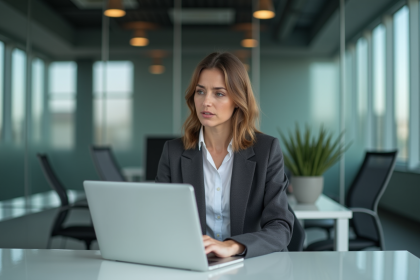 Femme au bureau en tenue professionnelle réfléchissant