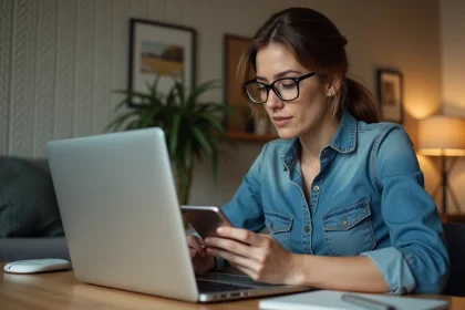 Femme concentr&eacute;e travaillant sur son ordinateur &agrave; la maison