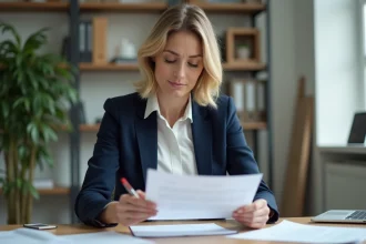 Femme professionnelle relisant une lettre administrative à son bureau pour moderniser ses formules de politesse