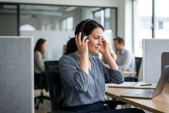 Femme au bureau portant des écouteurs anti-bruit en open space