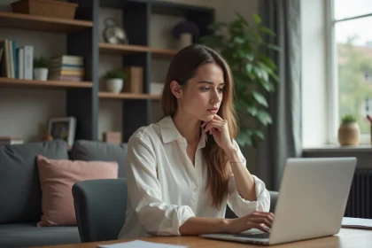 Jeune femme au bureau &agrave; la maison regardant son ordinateur