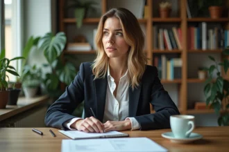 Femme en bureau moderne avec plantes et livres