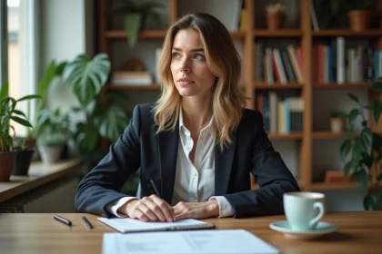 Femme en bureau moderne avec plantes et livres