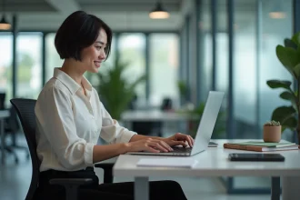 Femme au bureau utilisant un ordinateur portable dans un espace moderne