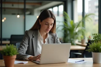Femme en tenue professionnelle dans un espace de coworking lumineux