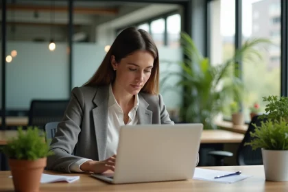 Femme en tenue professionnelle dans un espace de coworking lumineux