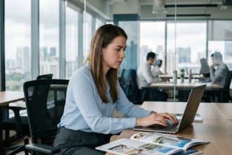 Jeune femme au bureau avec brochures immobilières