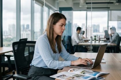 Jeune femme au bureau avec brochures immobilières