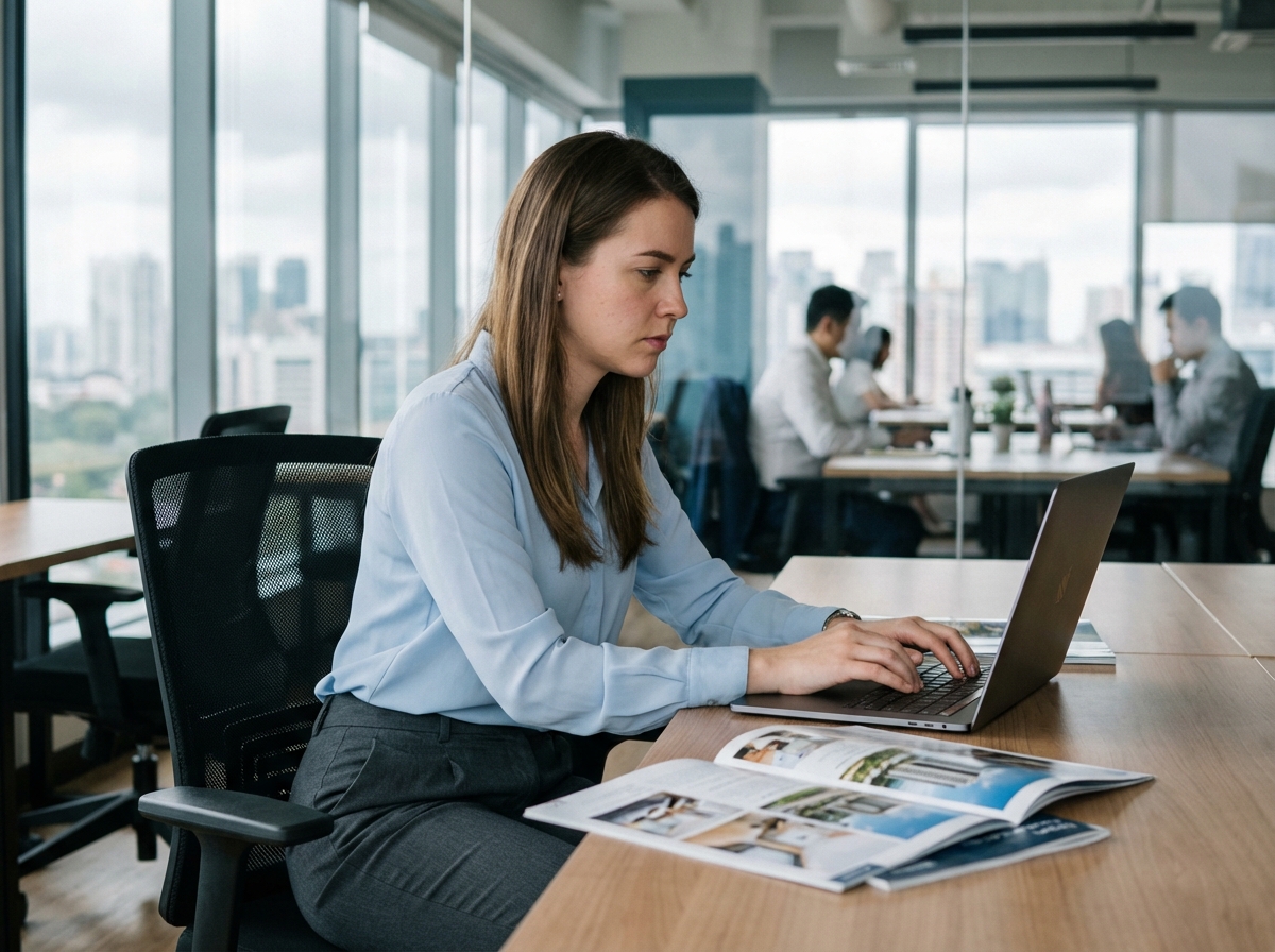 Jeune femme au bureau avec brochures immobilières