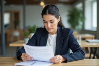 Femme cadre en blazer marine relisant une lettre de rupture conventionnelle CDI à son bureau en bois clair