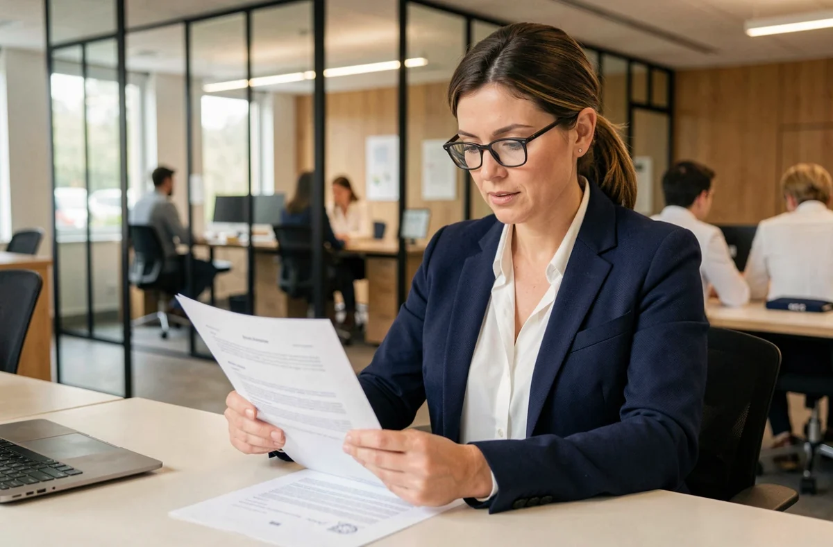 Femme cadre en portage salarial consultant un contrat dans un bureau moderne en France