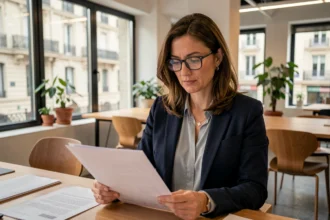 Femme cadre en blazer marine étudiant des documents sur le portage salarial dans un bureau moderne à Lyon