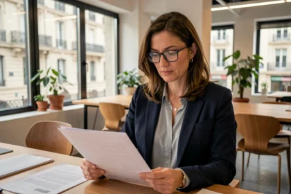 Femme cadre en blazer marine étudiant des documents sur le portage salarial dans un bureau moderne à Lyon