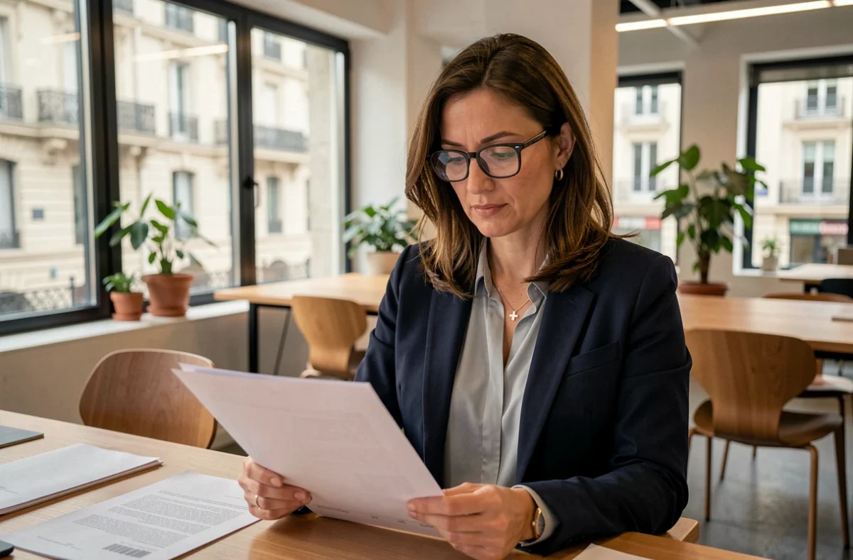 Femme cadre en blazer marine étudiant des documents sur le portage salarial dans un bureau moderne à Lyon
